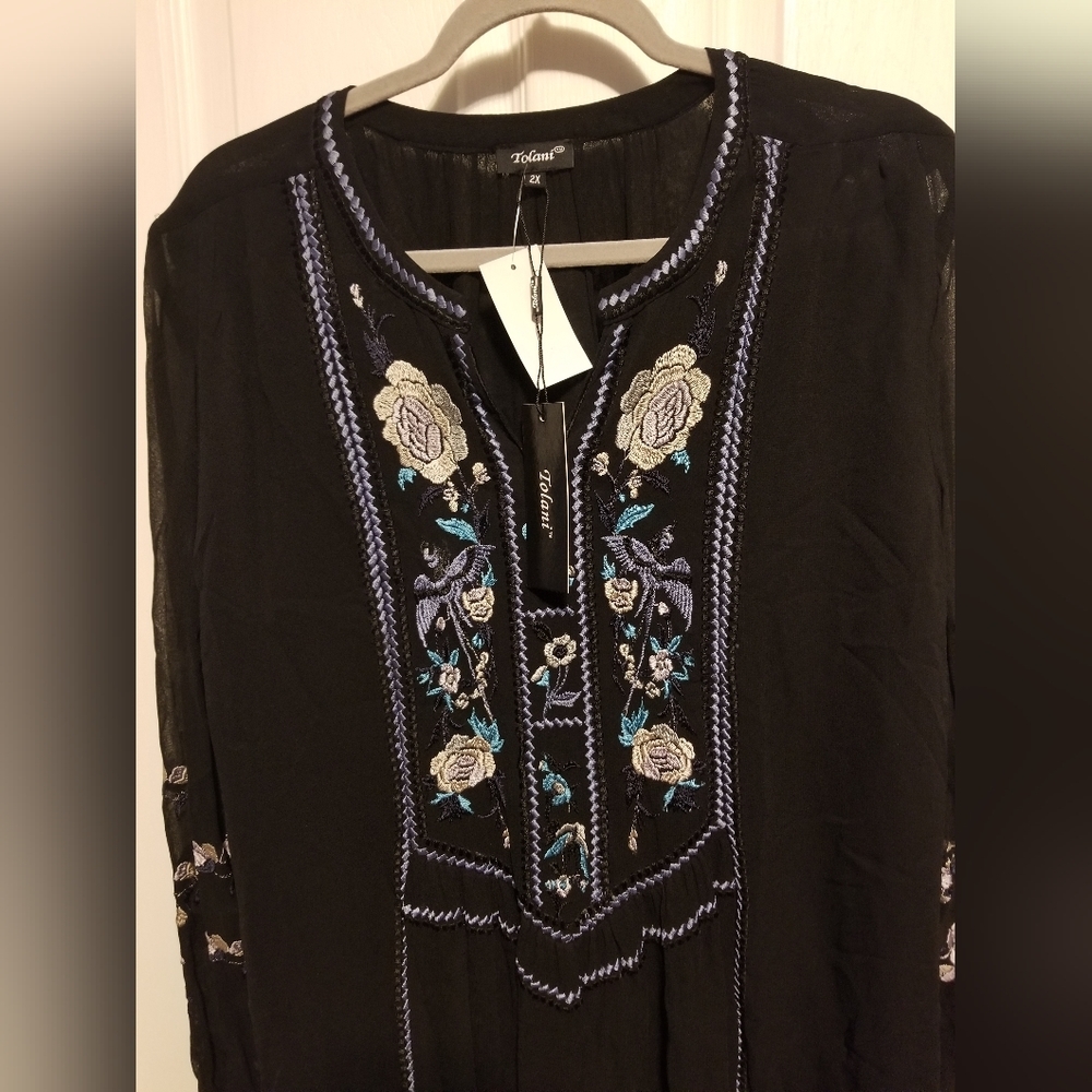 NWT Tolani Embroidered Dress Womens Large Black Lined Reched Sleeves - Picture 6 of 11